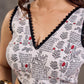 White Printed Cotton Sleeveless V Neck Blouse with Black Lace Trim
