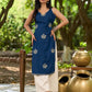 Effortless Navy Blue Rayon Sleeveless Kurta with Subtle Floral Hand Block Design