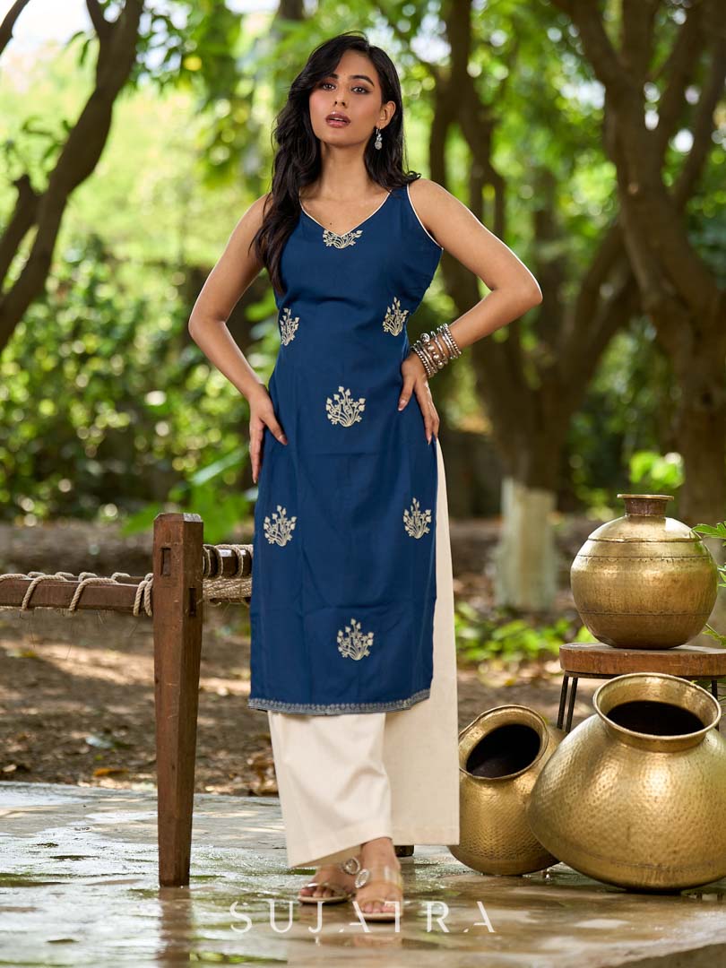 Effortless Navy Blue Rayon Sleeveless Kurta with Subtle Floral Hand Block Design