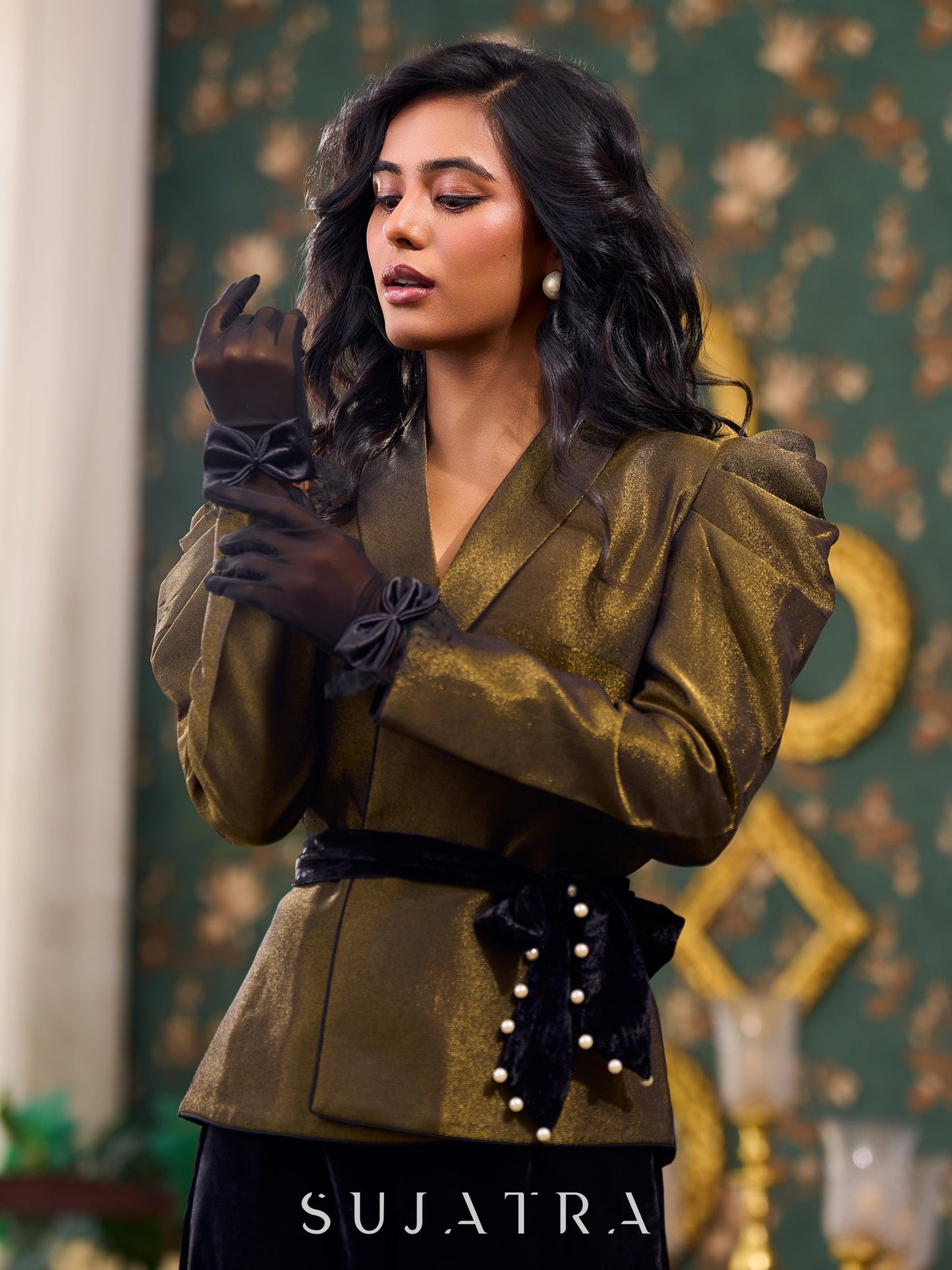 Classic Black Shimmer Tissue Jacket With Voluminous Sleeves And Embellished Velvet Belt