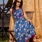 Navy Blue Indigo Cotton Dress With Pink Floral Embroidered Highlights