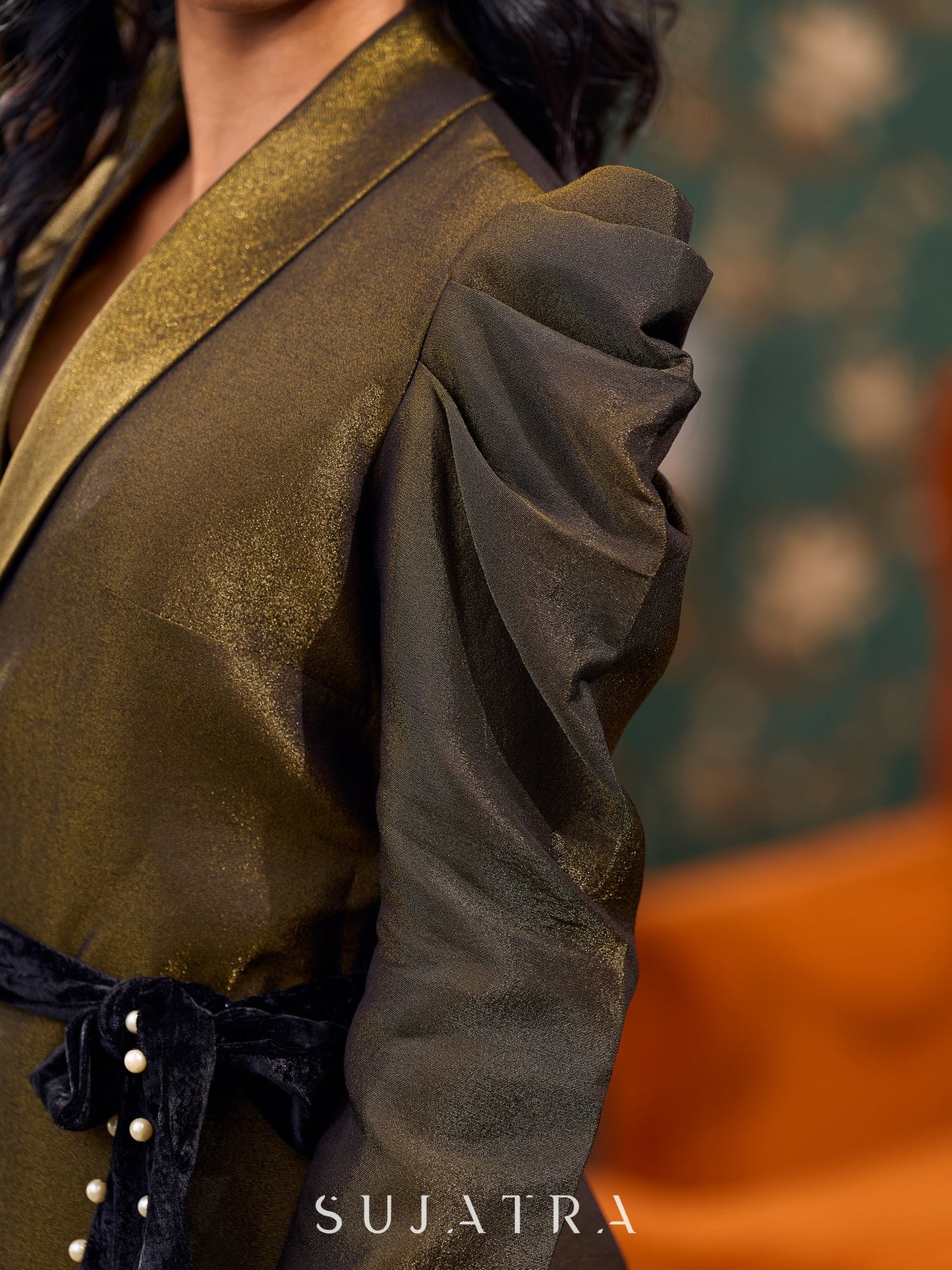 Classic Black Shimmer Tissue Jacket With Voluminous Sleeves And Embellished Velvet Belt