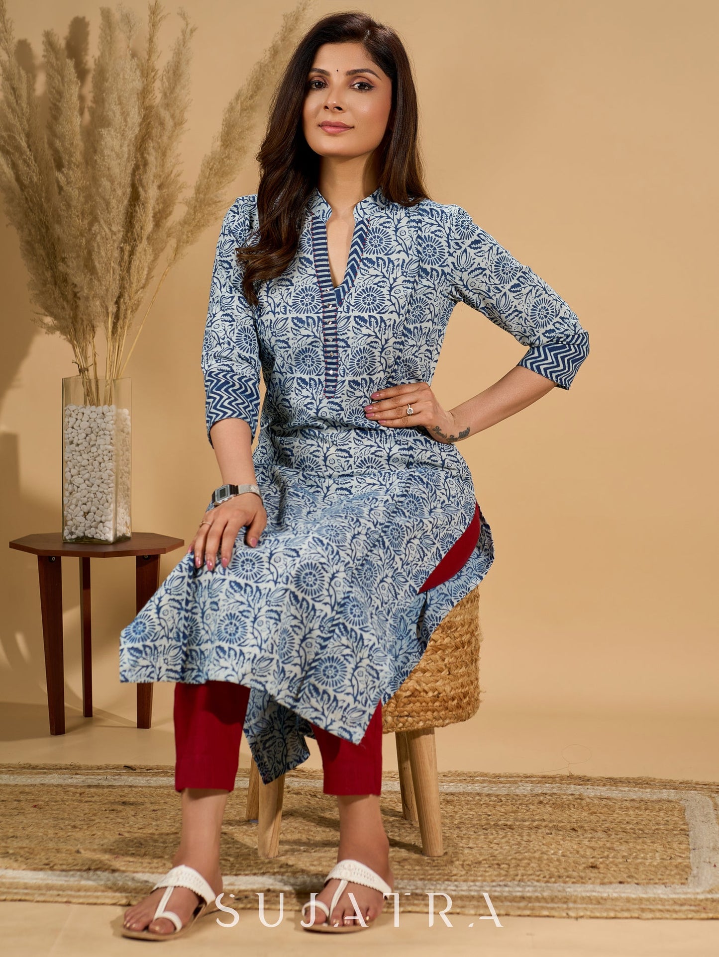 Inky Indigo Kurta with Geometric Collar & Cuffs