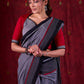 Grey Mul Cotton Saree with Checkered Border & Red Tassel Detailing