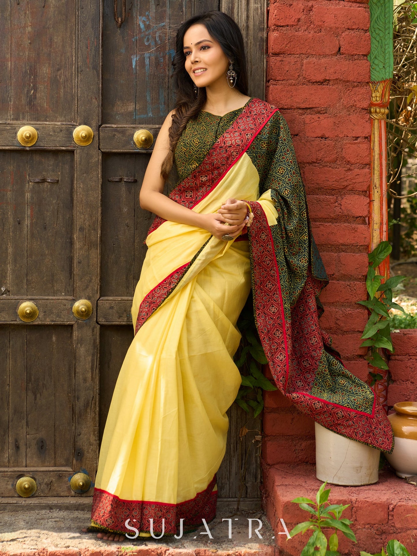 Sunlit yellow cotton contemporary Ajrakh combination saree