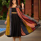 Black Rayon Double-Flared Sleeveless Dress with Mirror Work Embellishments  -  Patchwork Ajrakh Jacket Additional
