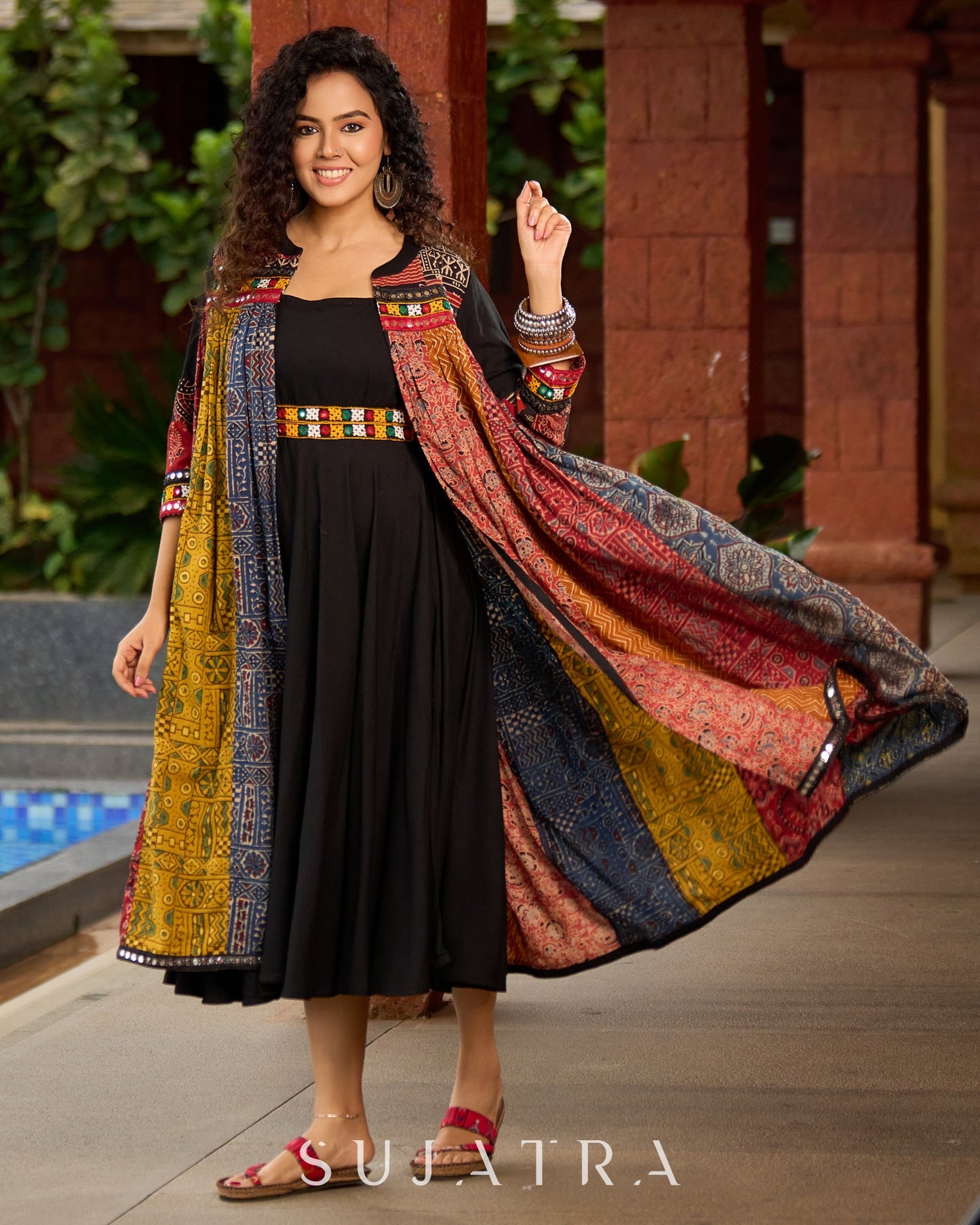 Artisanal Ajrakh Patchwork Boho Jacket with Mirror Embellishments