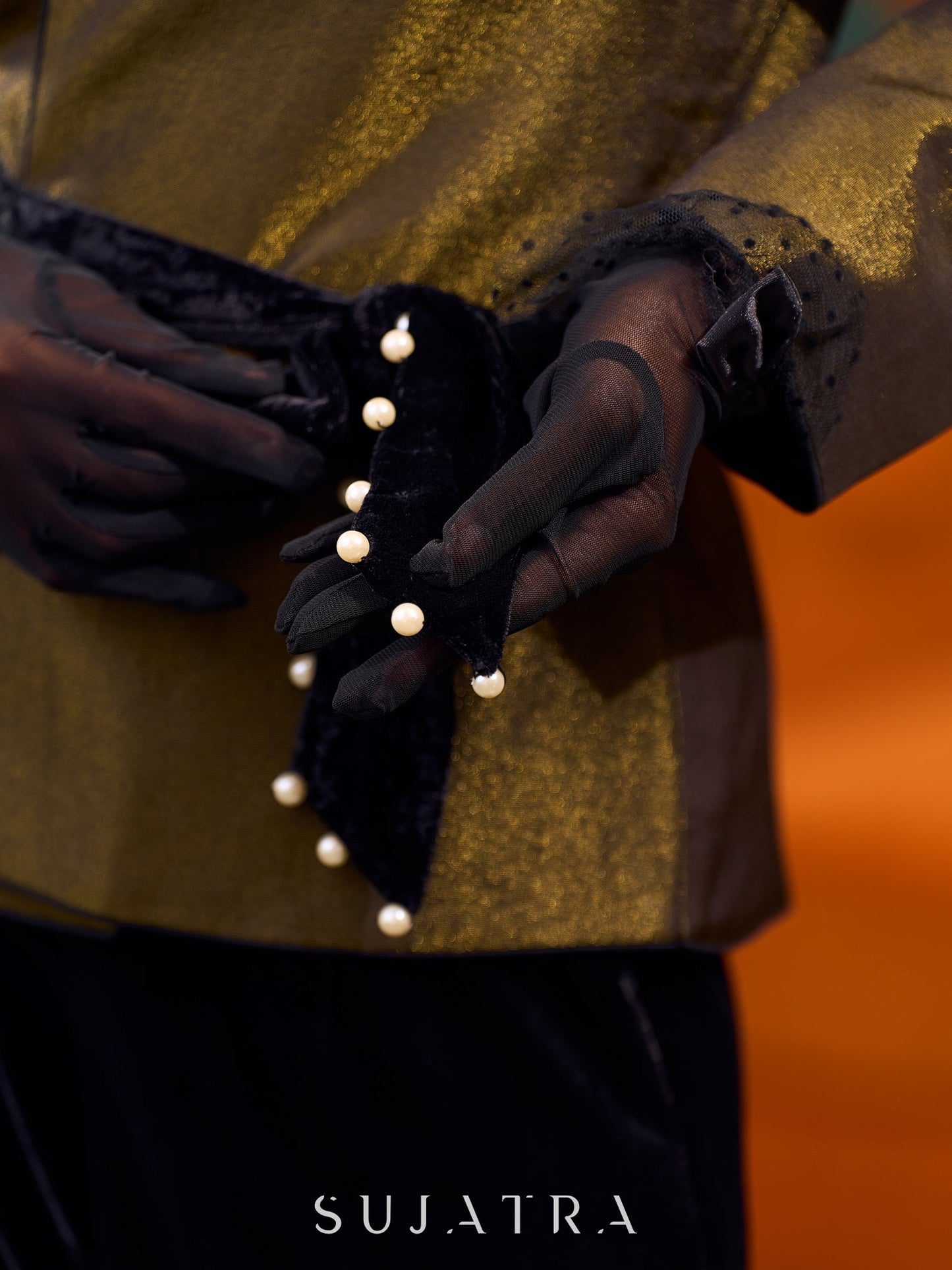 Classic Black Shimmer Tissue Jacket With Voluminous Sleeves And Embellished Velvet Belt