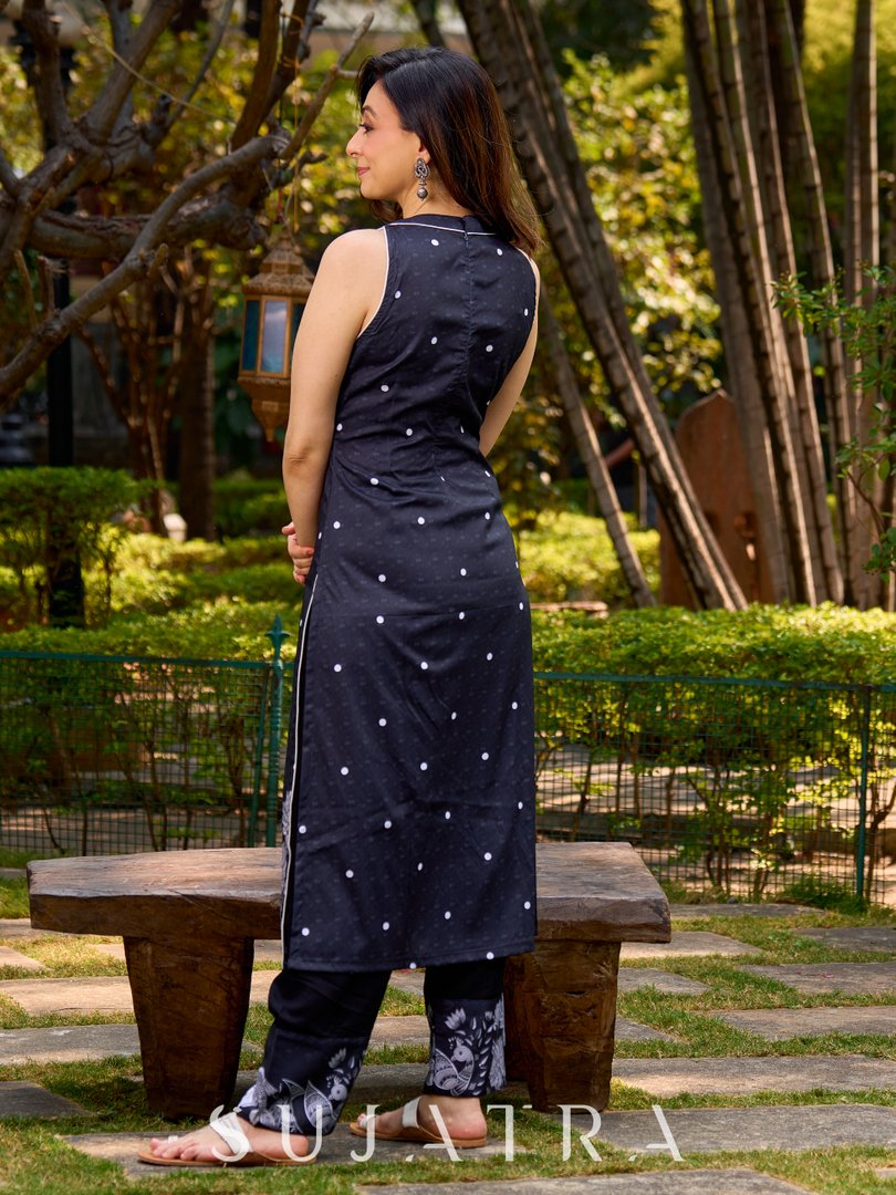 Modern black kurta blending playful polka dots and intricate Madhubani art, finished with a sleek halter neck