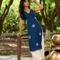 Effortless Navy Blue Rayon Sleeveless Kurta with Subtle Floral Hand Block Design