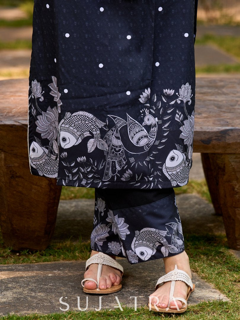 Modern black kurta blending playful polka dots and intricate Madhubani art, finished with a sleek halter neck