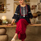 Contemporary Black Printed Cotton Top with Ikat Yoke and Flared Sleeves featuring Ikat Borders