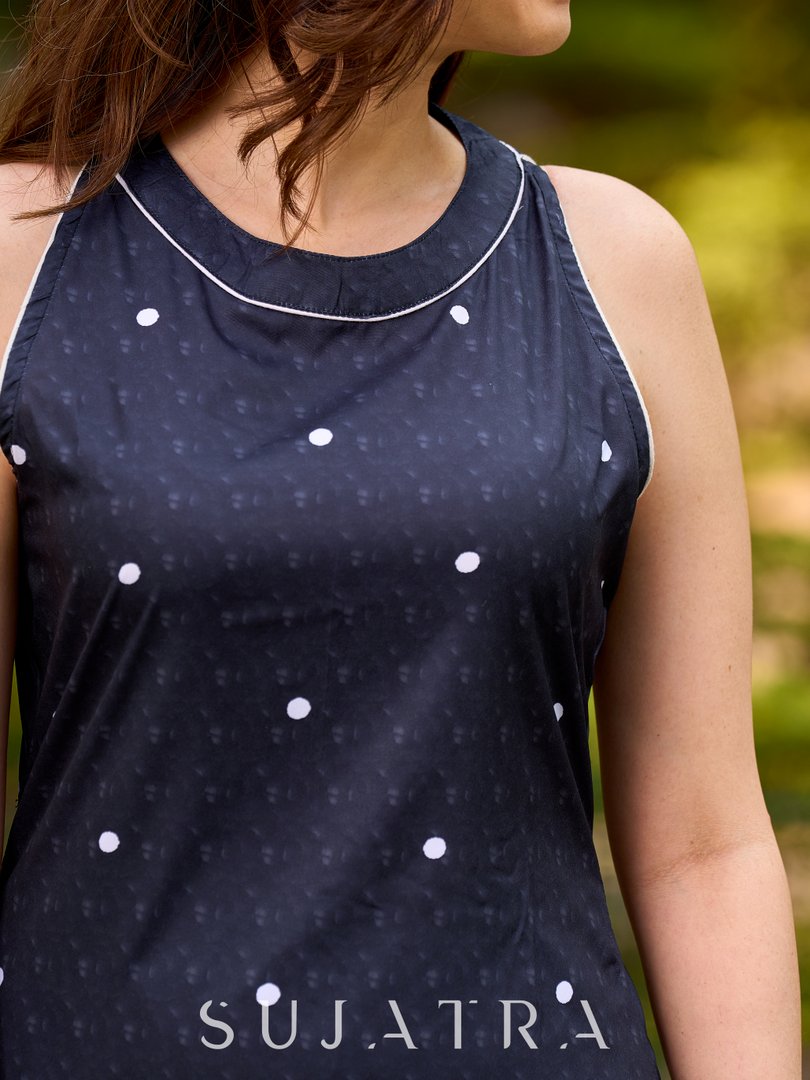 Modern black kurta blending playful polka dots and intricate Madhubani art, finished with a sleek halter neck