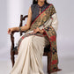 Stylish off white cotton saree with patch work prints & hand painted motifs