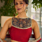 Flourishing Ivory Kalamkari Floral Chanderi Saree with Red Zari-Trimmed Hem & Chevron Border Accent