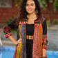Black Rayon Double-Flared Sleeveless Dress with Mirror Work Embellishments  -  Patchwork Ajrakh Jacket Additional