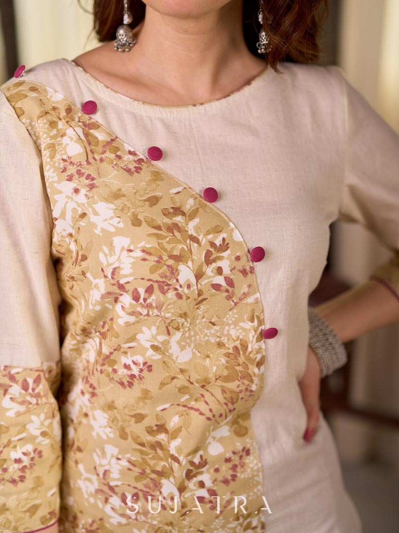 Refined Off White Cotton Straight Kurta with Floral Printed Panel and Button Embellishment