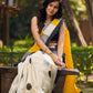 Modern Geometric Pure Silk Block Printed Saree Crafted in Striking Mustard and Classic Ivory Tones