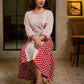 Retro White & Red Hand Block Printed Cotton Dress with Mixed Stripe & Dot Panels & Flounce Hem