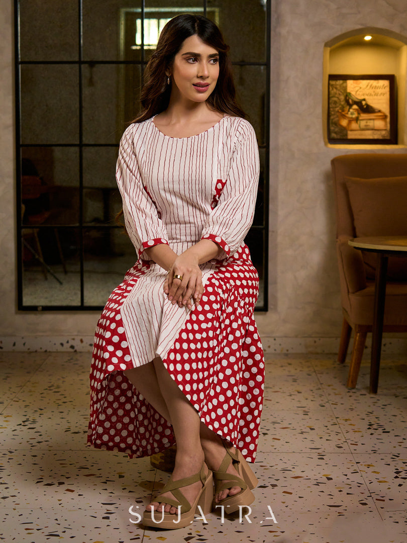 Retro White & Red Hand Block Printed Cotton Dress with Mixed Stripe & Dot Panels & Flounce Hem