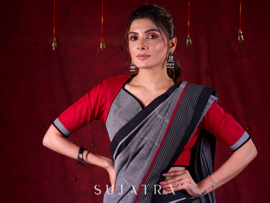 Grey Mul Cotton Saree with Checkered Border & Red Tassel Detailing