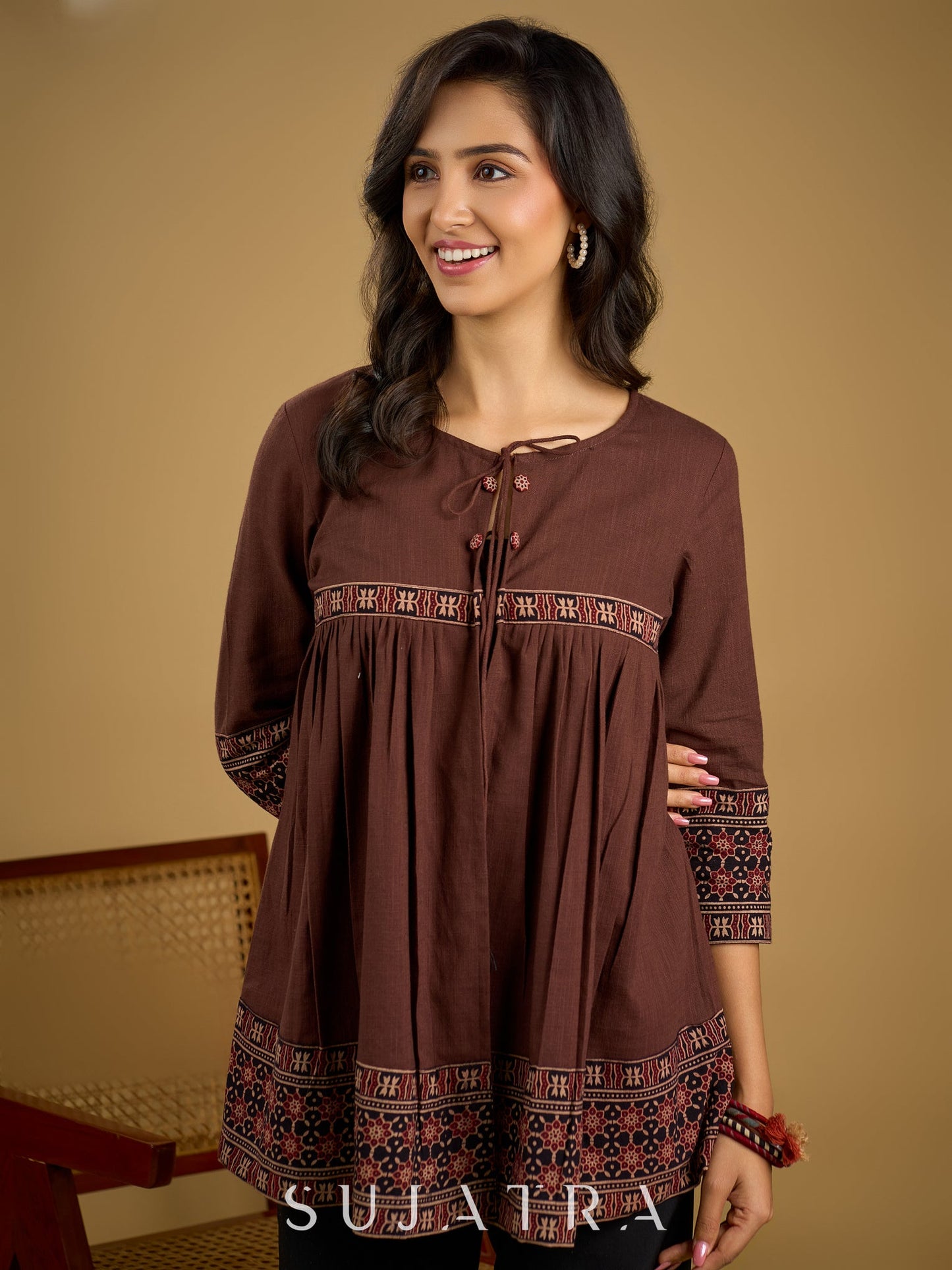 Beautiful  brown cotton ajrakh combination top