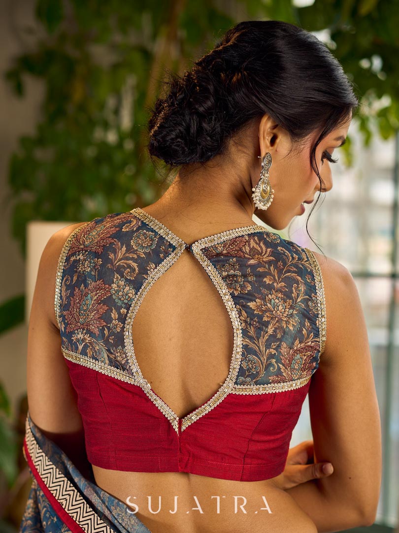 Flourishing Ivory Kalamkari Floral Chanderi Saree with Red Zari-Trimmed Hem & Chevron Border Accent