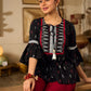 Contemporary Black Printed Cotton Top with Ikat Yoke and Flared Sleeves featuring Ikat Borders