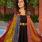 Black Rayon Double-Flared Sleeveless Dress with Mirror Work Embellishments  -  Patchwork Ajrakh Jacket Additional