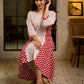 Retro White & Red Hand Block Printed Cotton Dress with Mixed Stripe & Dot Panels & Flounce Hem
