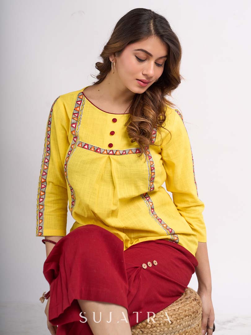 Sunshine Yellow Cotton Contemporary Top with Handcrafted Madhubani Border Highlights