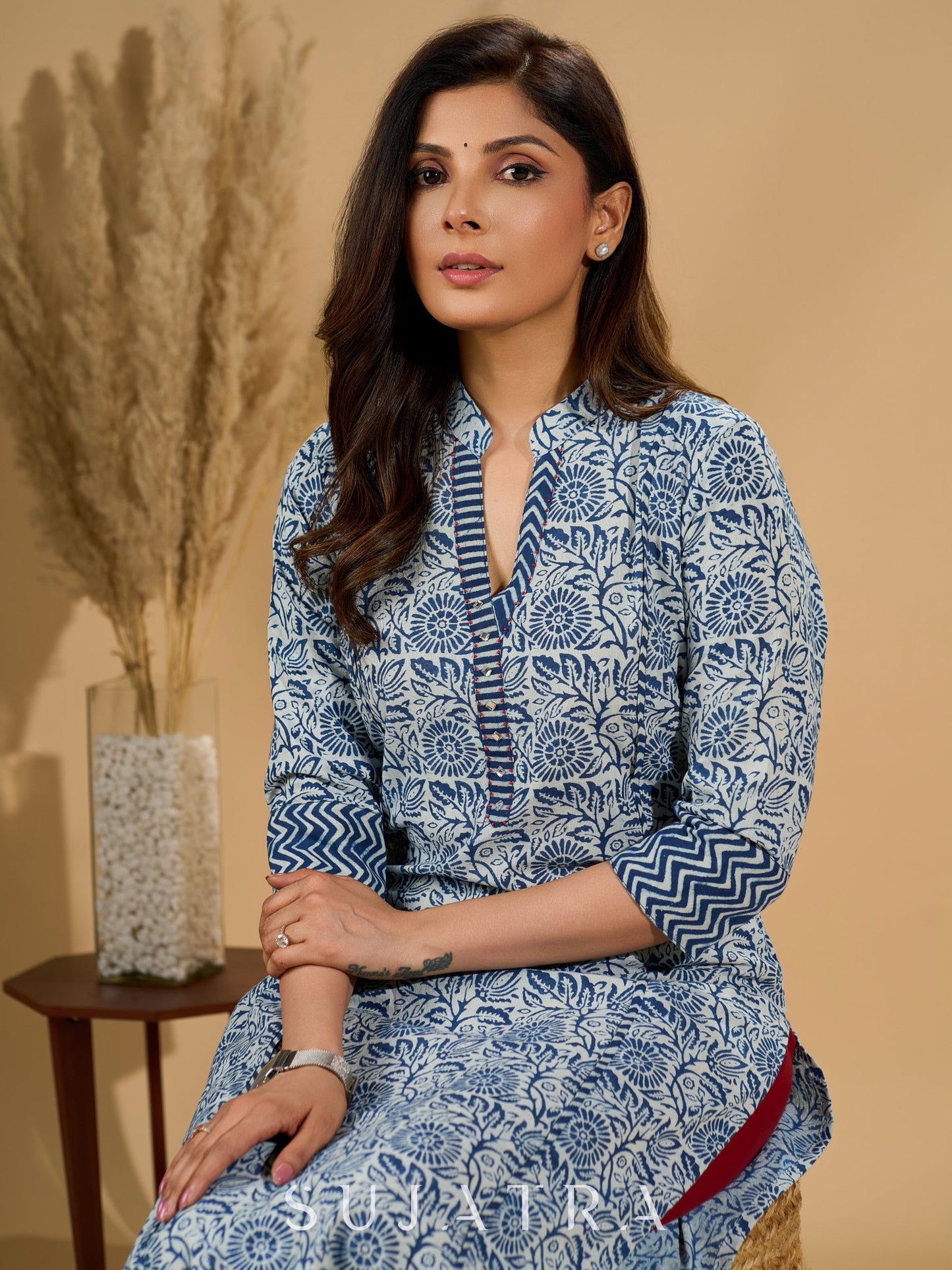 Inky Indigo Kurta with Geometric Collar & Cuffs