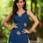 Effortless Navy Blue Rayon Sleeveless Kurta with Subtle Floral Hand Block Design