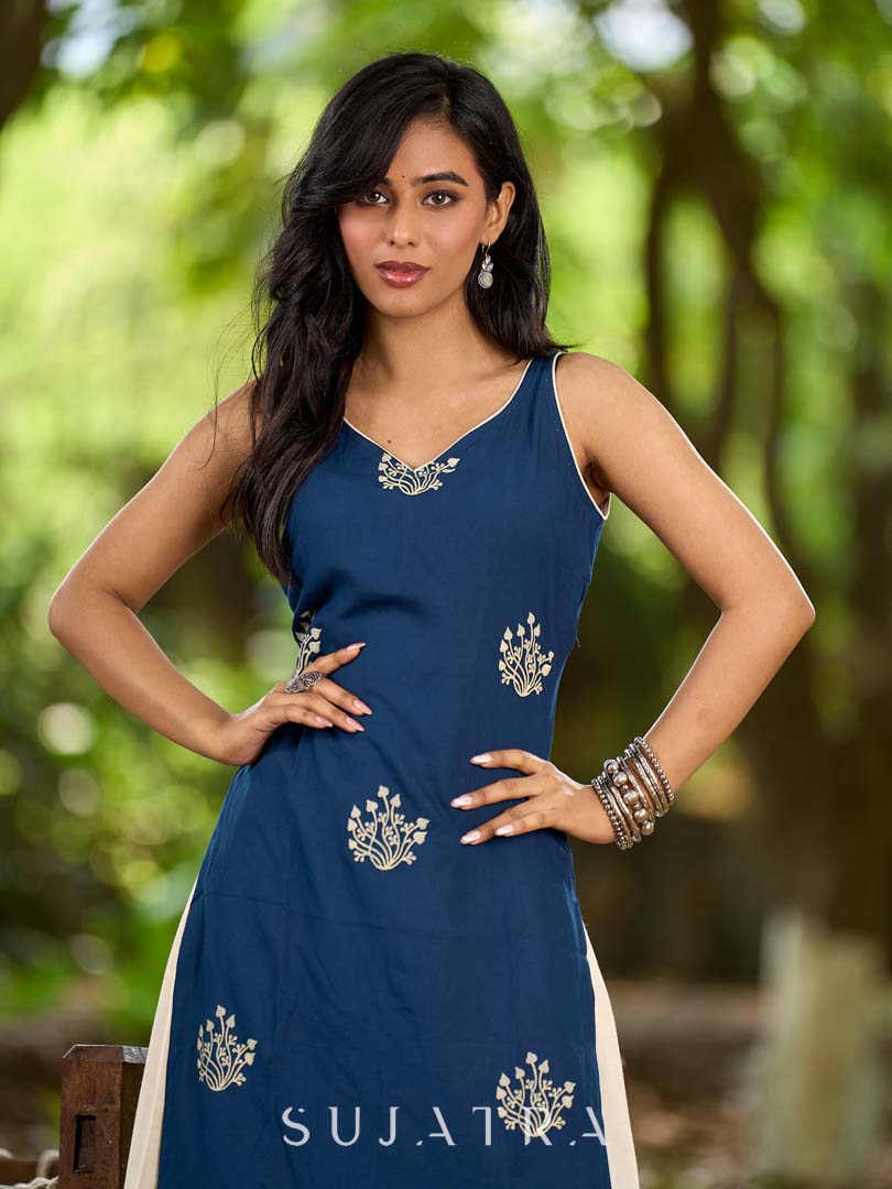 Effortless Navy Blue Rayon Sleeveless Kurta with Subtle Floral Hand Block Design