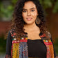 Black Rayon Double-Flared Sleeveless Dress with Mirror Work Embellishments  -  Patchwork Ajrakh Jacket Additional