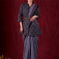 Grey Mul Cotton Saree with Checkered Border & Red Tassel Detailing
