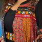 Black Rayon Double-Flared Sleeveless Dress with Mirror Work Embellishments  -  Patchwork Ajrakh Jacket Additional