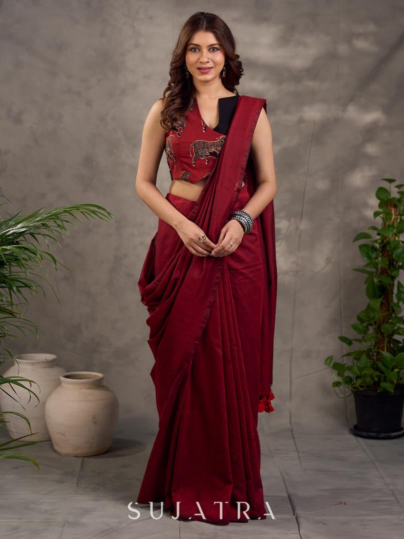 Rich Black Maroon Cotton Silk Overlapping Sleeveless Blouse with Ajrakh Animal Print