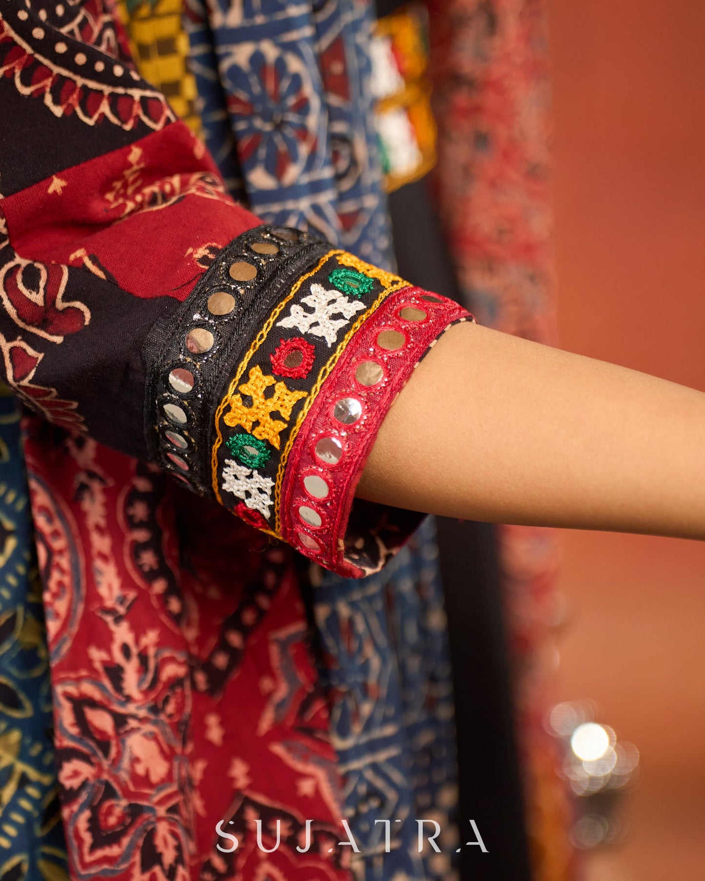 Artisanal Ajrakh Patchwork Boho Jacket with Mirror Embellishments