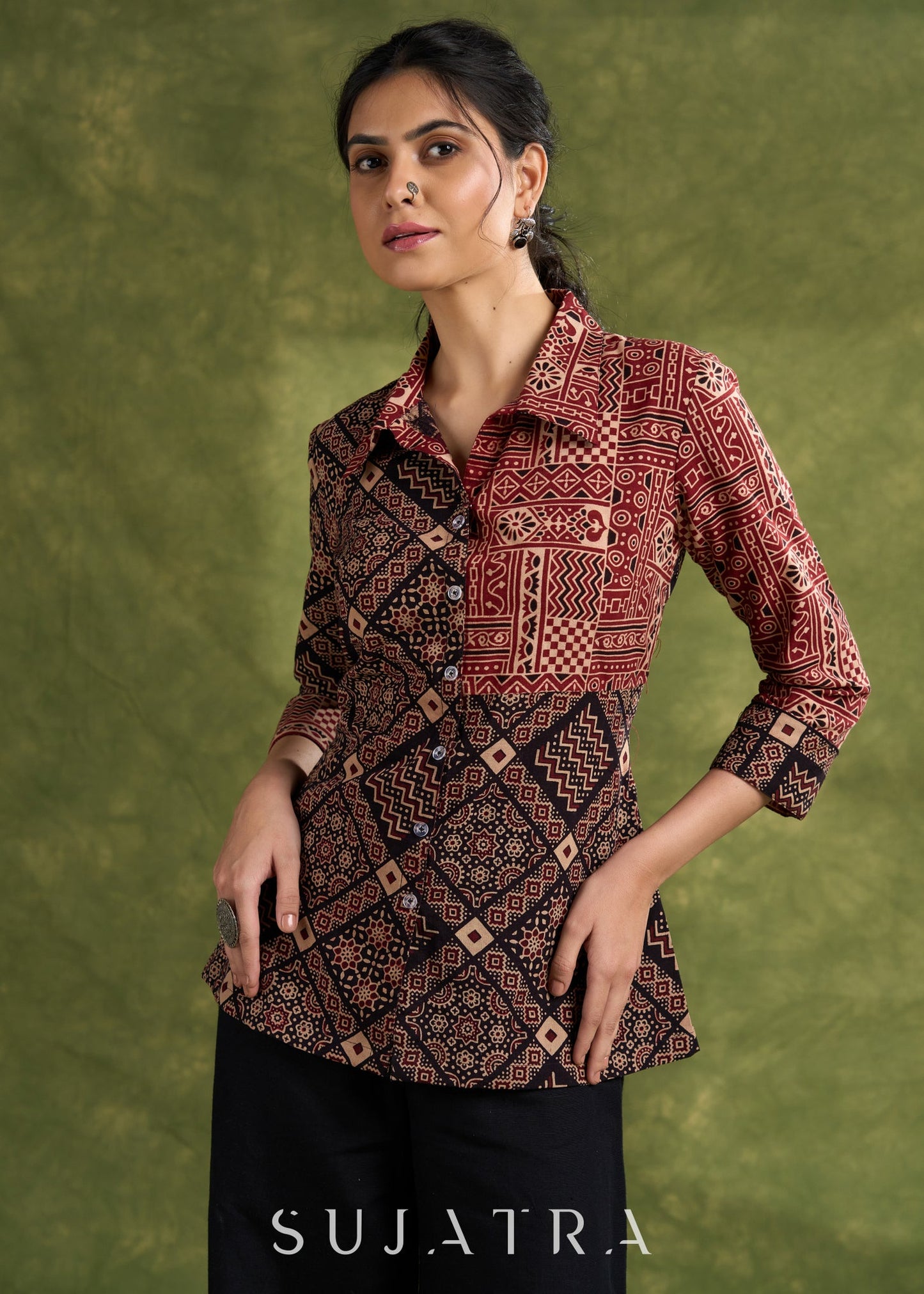 Smart Ajrakh Combination Cotton Top