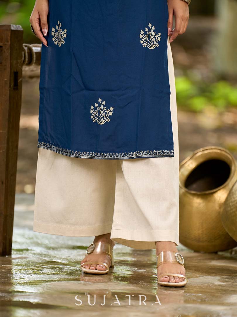 Effortless Navy Blue Rayon Sleeveless Kurta with Subtle Floral Hand Block Design