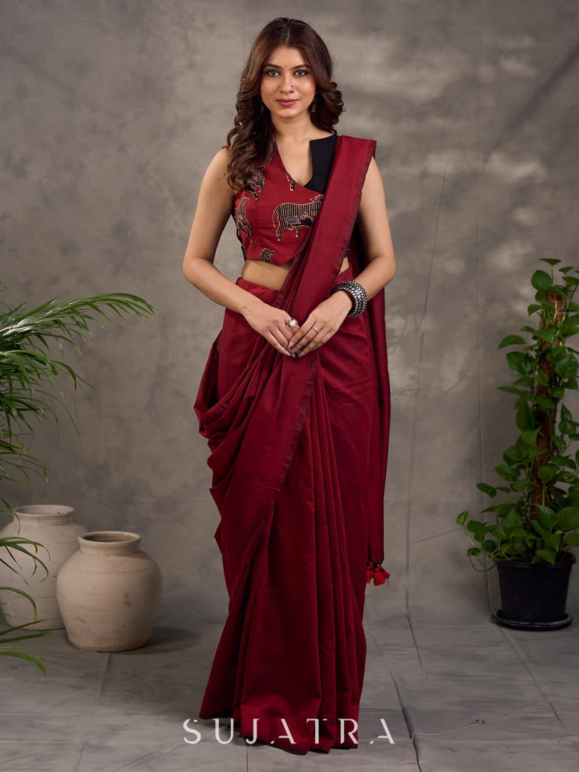 Rich Black Maroon Cotton Silk Overlapping Sleeveless Blouse with Ajrakh Animal Print