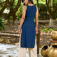 Effortless Navy Blue Rayon Sleeveless Kurta with Subtle Floral Hand Block Design