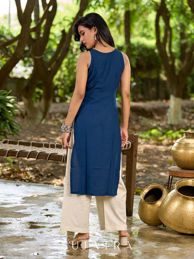Effortless Navy Blue Rayon Sleeveless Kurta with Subtle Floral Hand Block Design