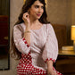 Retro White & Red Hand Block Printed Cotton Dress with Mixed Stripe & Dot Panels & Flounce Hem