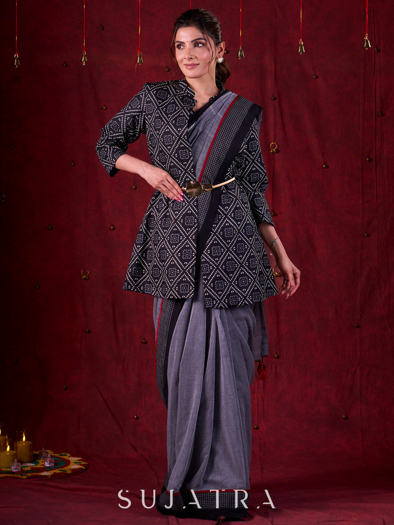 Black Artisanal Bandhani Printed Jacket in Viscose with Mandarin Collar Detailing