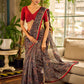 Flourishing Dark Grey All-Over Kalamkari Floral Chanderi Saree with Gold Woven Zari Border & Maroon Hem Accent