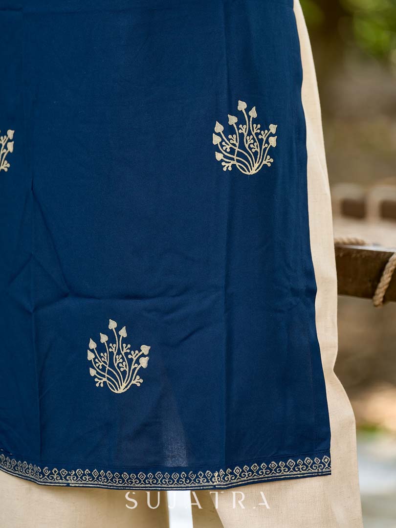 Effortless Navy Blue Rayon Sleeveless Kurta with Subtle Floral Hand Block Design