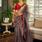 Flourishing Dark Grey All-Over Kalamkari Floral Chanderi Saree with Gold Woven Zari Border & Maroon Hem Accent