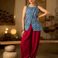 Elegant Indigo Geometric Cotton Top With An Asymmetrical Overlap Front and Maroon Highlights